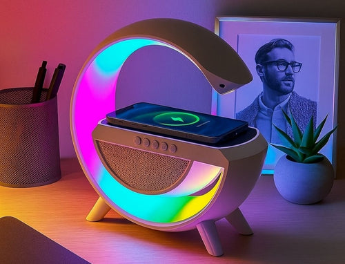Altavoz Bluetooth G - Cargador inalámbrico + Lámpara LED + Reloj despertador